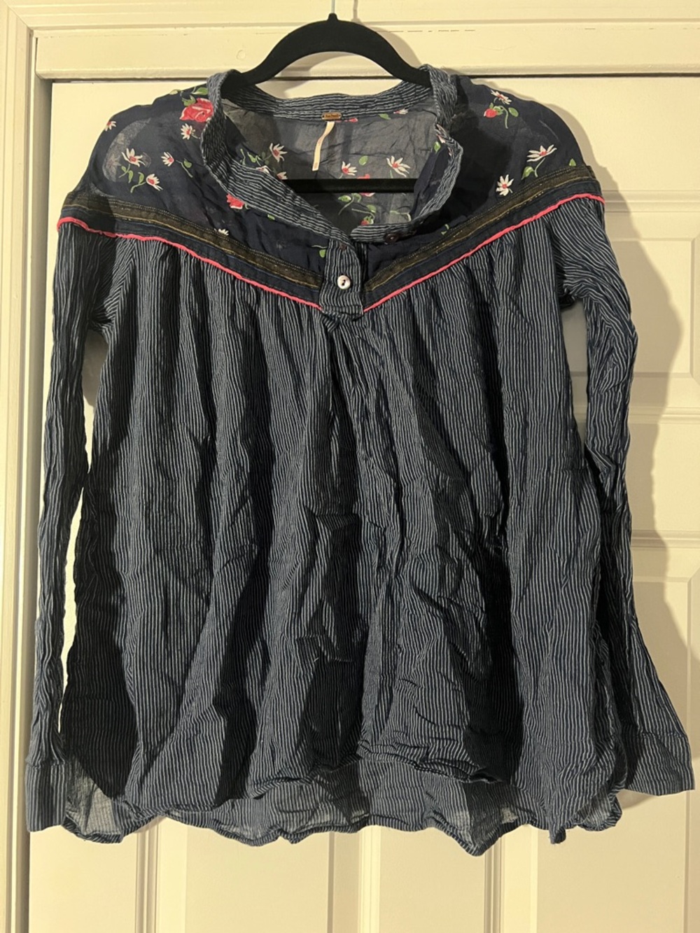 Free People Navy Blue Striped Floral Yoke Long Sleeve Top